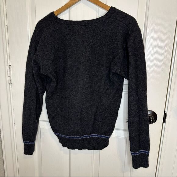 Harry Potter Heather Grey Blue Raven Claw Striped V-Neck Wool Blend Sweater Sz M - Picture 3 of 8